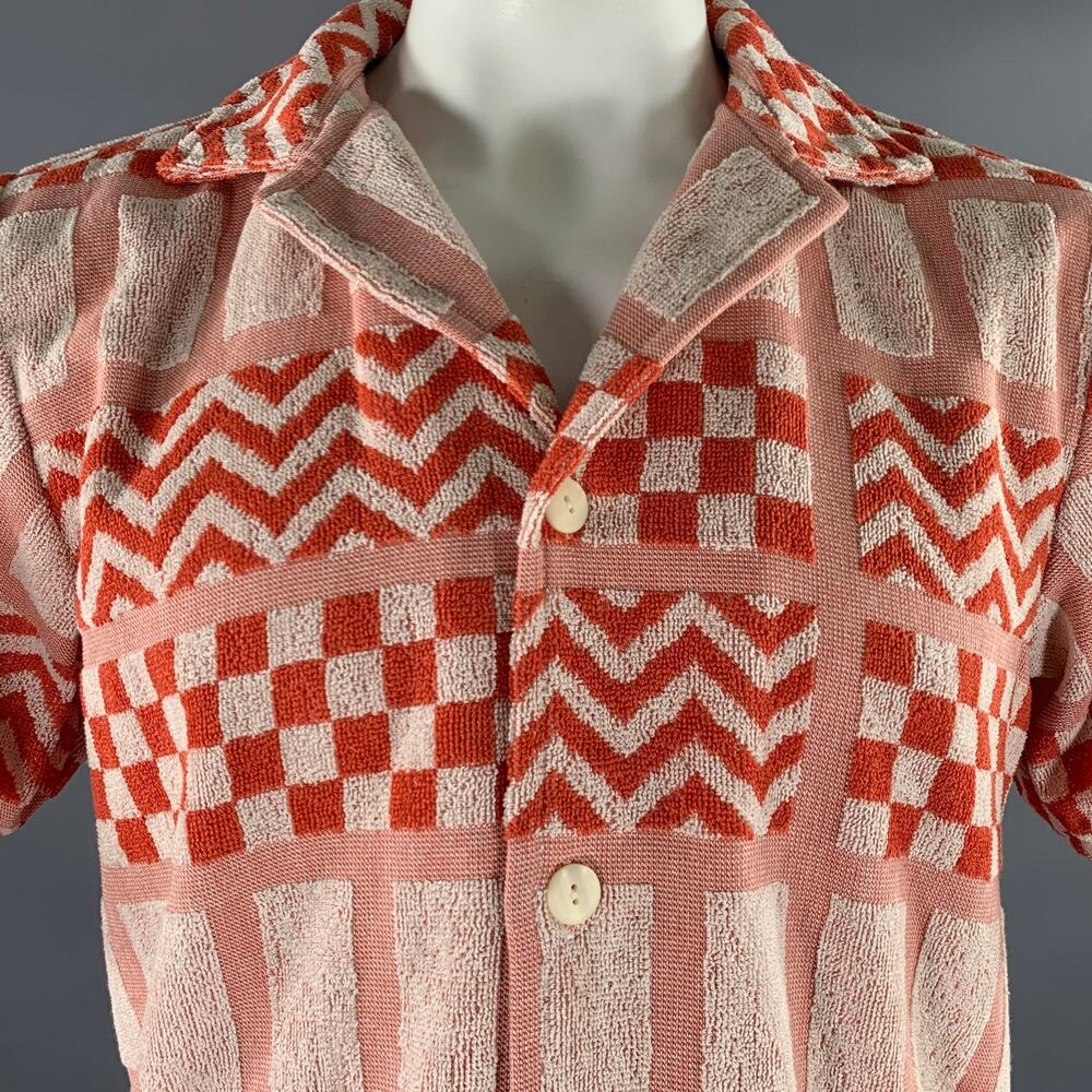 OAS Size L Orange White Abstract Terry Camp Short Sleeve Shirt - Picture 2 of 6